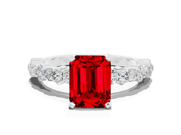 Silver Emerald Cut Ruby Side Stone Solitaire Ring with Round  and Four-Prong Setting