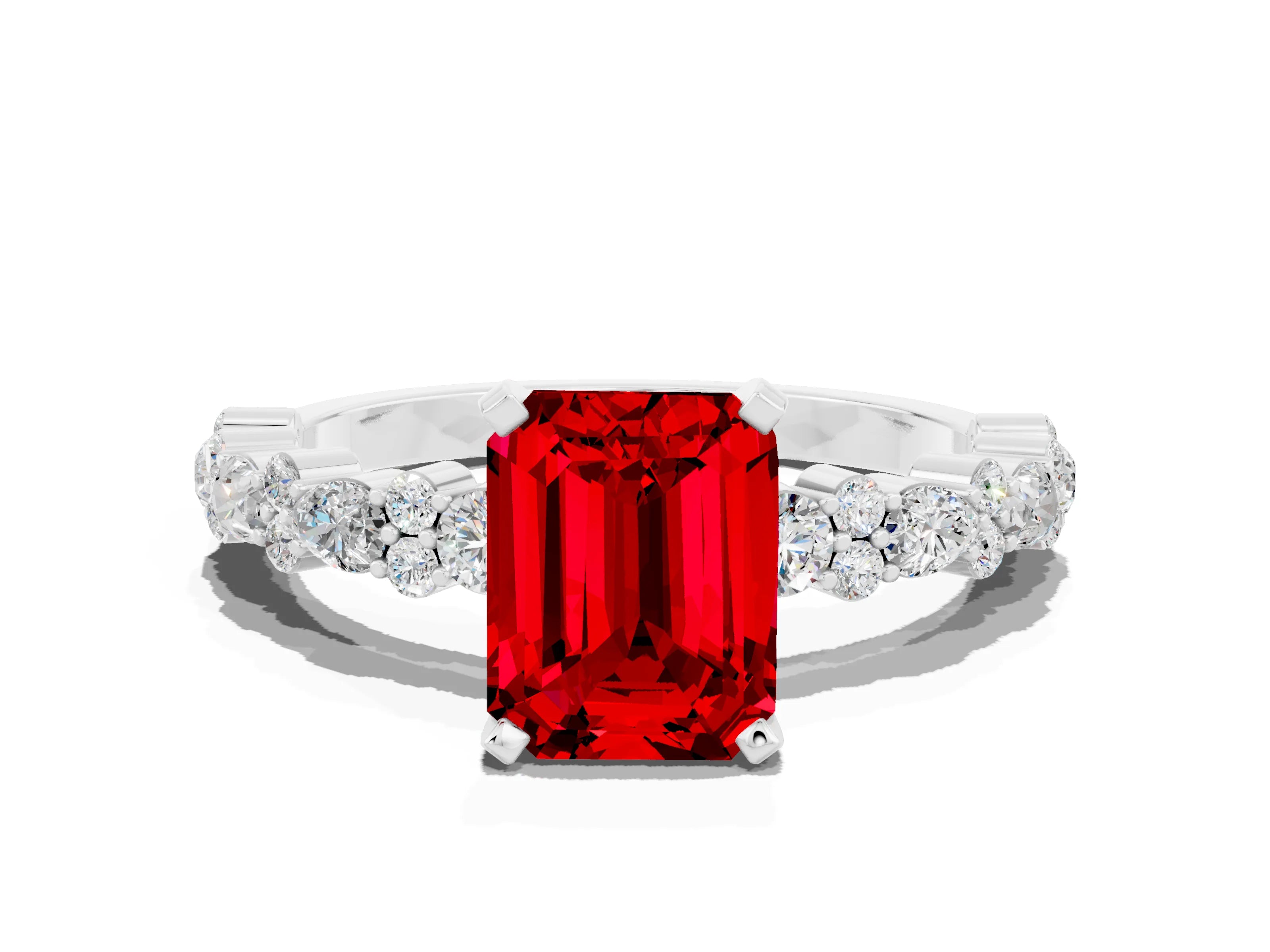 White gold Emerald Cut Ruby Side Stone Solitaire Ring with Round  and Four-Prong Setting_60