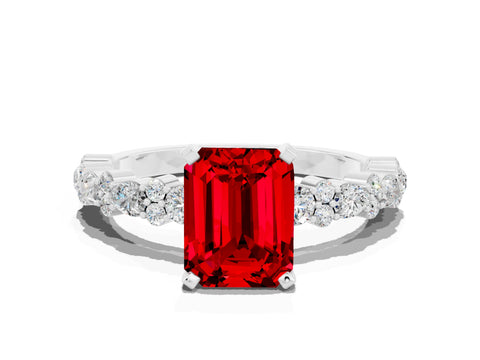 White gold Emerald Cut Ruby Side Stone Solitaire Ring with Round  and Four-Prong Setting_60