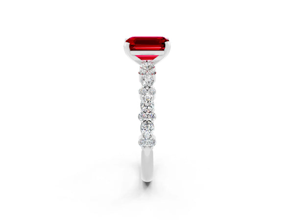 Platinum Emerald Cut Ruby Side Stone Solitaire Ring with Round  and Four-Prong Setting
