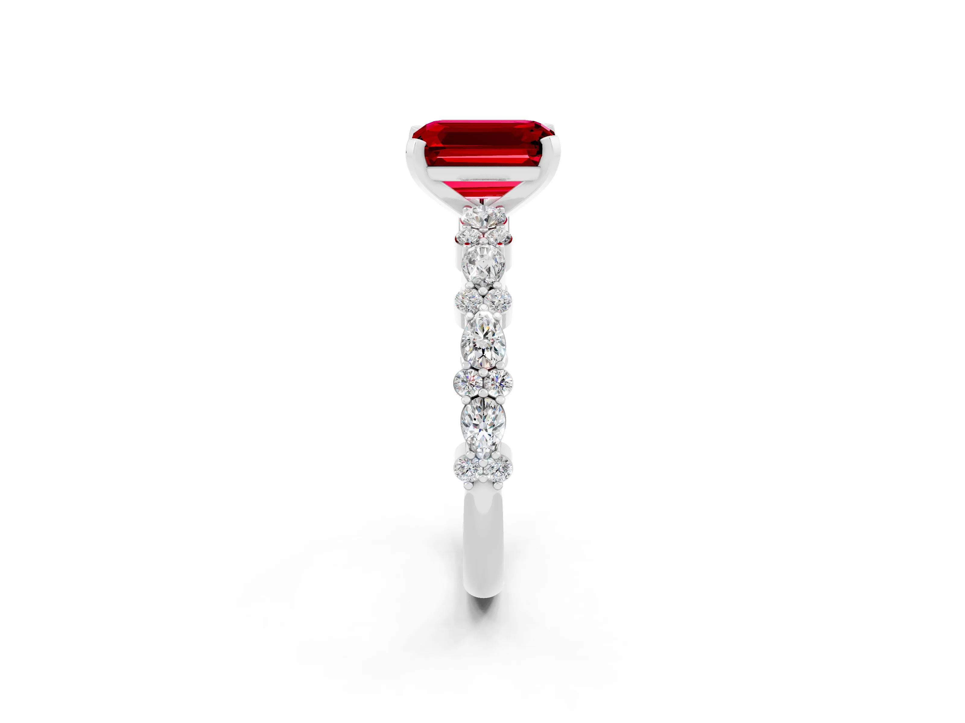 White gold Emerald Cut Ruby Side Stone Solitaire Ring with Round  and Four-Prong Setting_62