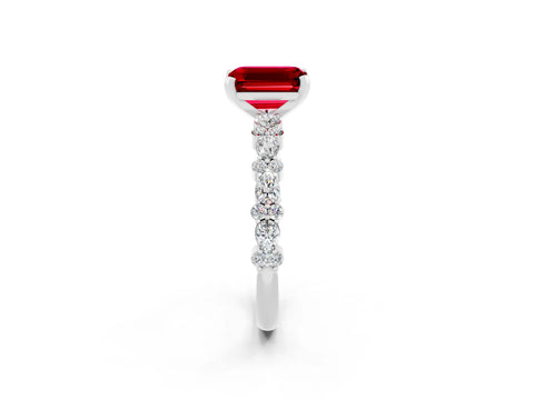 White gold Emerald Cut Ruby Side Stone Solitaire Ring with Round  and Four-Prong Setting_62