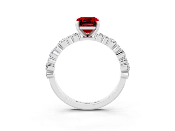 Platinum Emerald Cut Ruby Side Stone Solitaire Ring with Round  and Four-Prong Setting