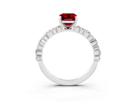White gold Emerald Cut Ruby Side Stone Solitaire Ring with Round  and Four-Prong Setting_63