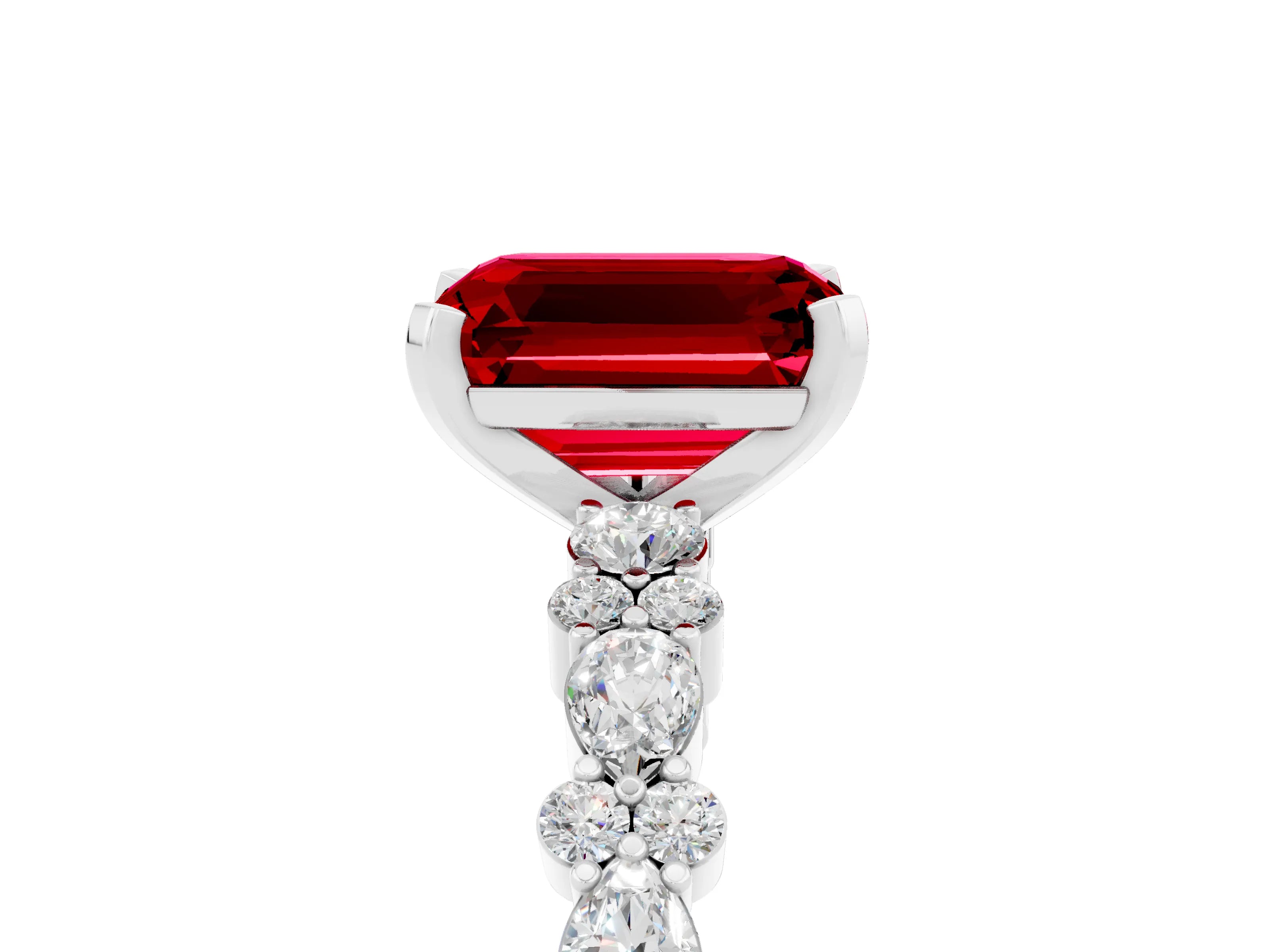 White gold Emerald Cut Ruby Side Stone Solitaire Ring with Round  and Four-Prong Setting_65