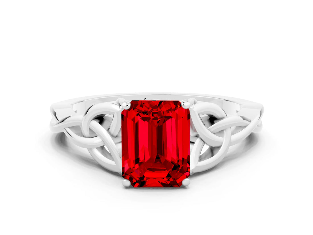 Silver Ruby Solitaire Celtic Knot Ring with Four-Prong Setting
