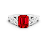 Silver Ruby Solitaire Celtic Knot Ring with Four-Prong Setting
