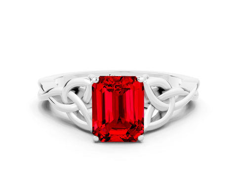White gold Emerald Cut Ruby Solitaire Celtic Knot Ring with Four-Prong Setting_12