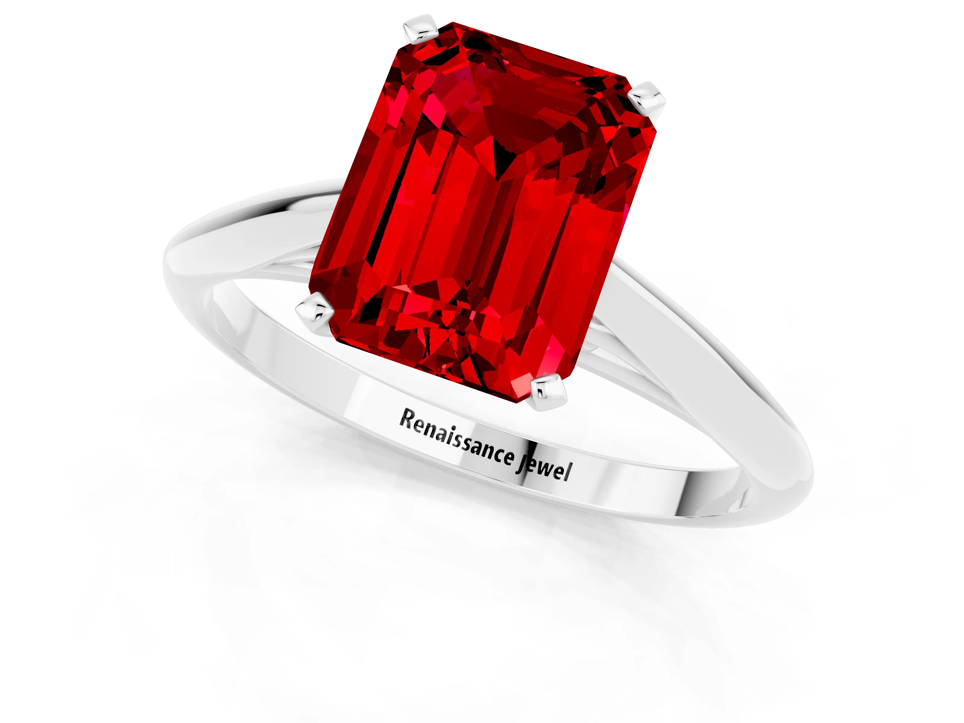 White gold Emerald Cut Ruby Solitaire Engagement Ring with Cathedral Setting and Four-Prong Mount_13