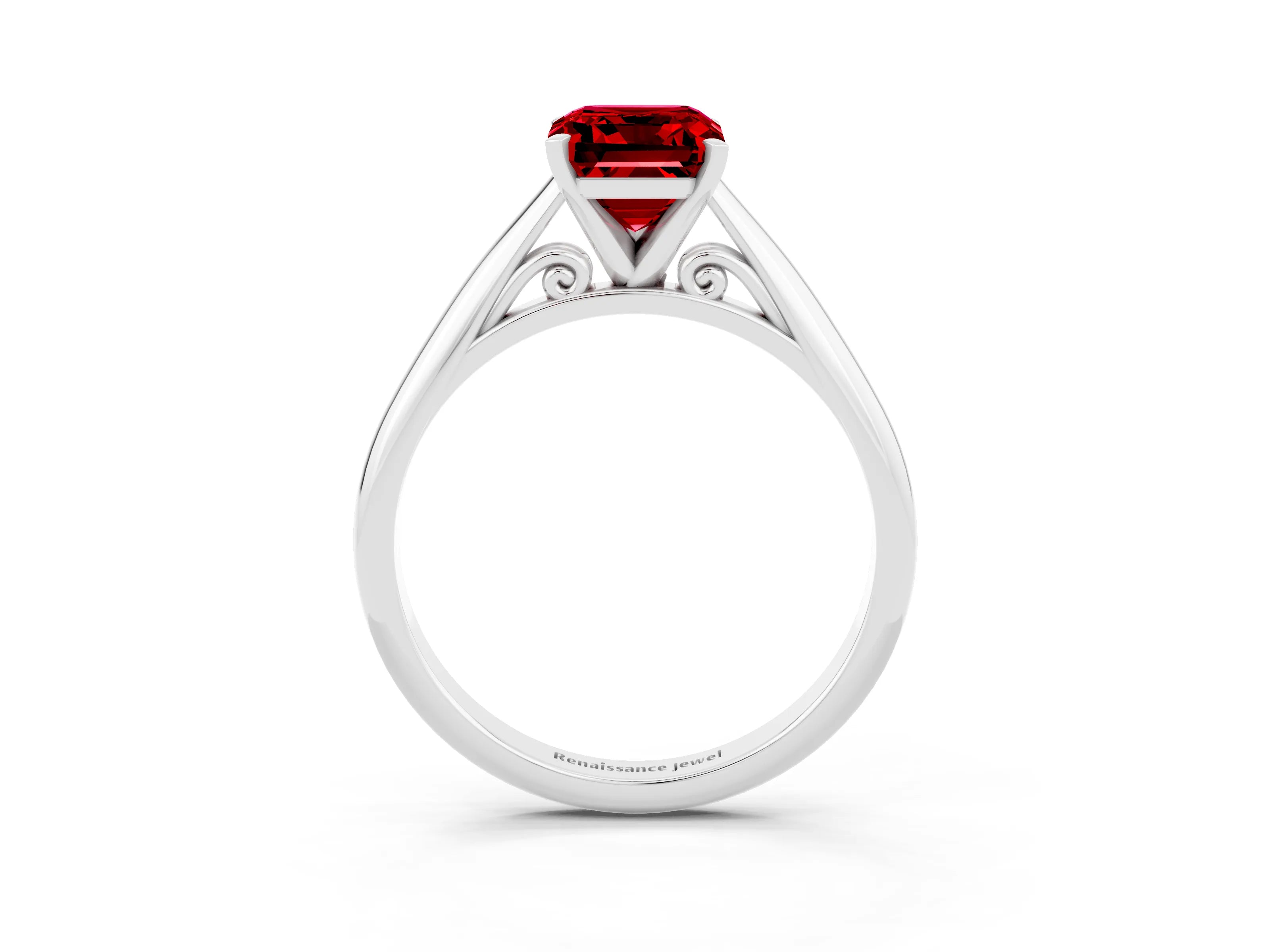 White gold Emerald Cut Ruby Solitaire Engagement Ring with Cathedral Setting and Four-Prong Mount_15