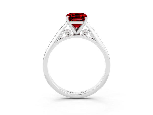 Platinum Emerald Cut Ruby Solitaire Engagement Ring with Cathedral Setting and Four-Prong Mount