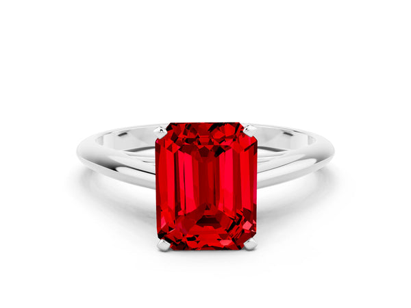White gold Emerald Cut Ruby Solitaire Engagement Ring with Cathedral Setting and Four-Prong Mount