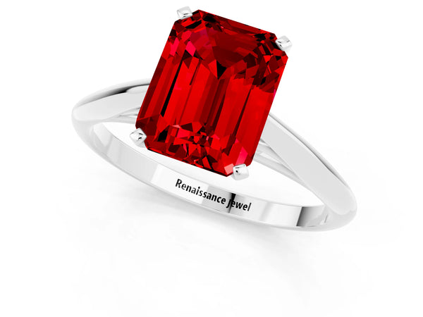White gold Emerald Cut Ruby Solitaire Engagement Ring with Cathedral Setting and Four-Prong Mount