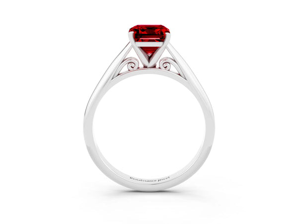 White gold Emerald Cut Ruby Solitaire Engagement Ring with Cathedral Setting and Four-Prong Mount