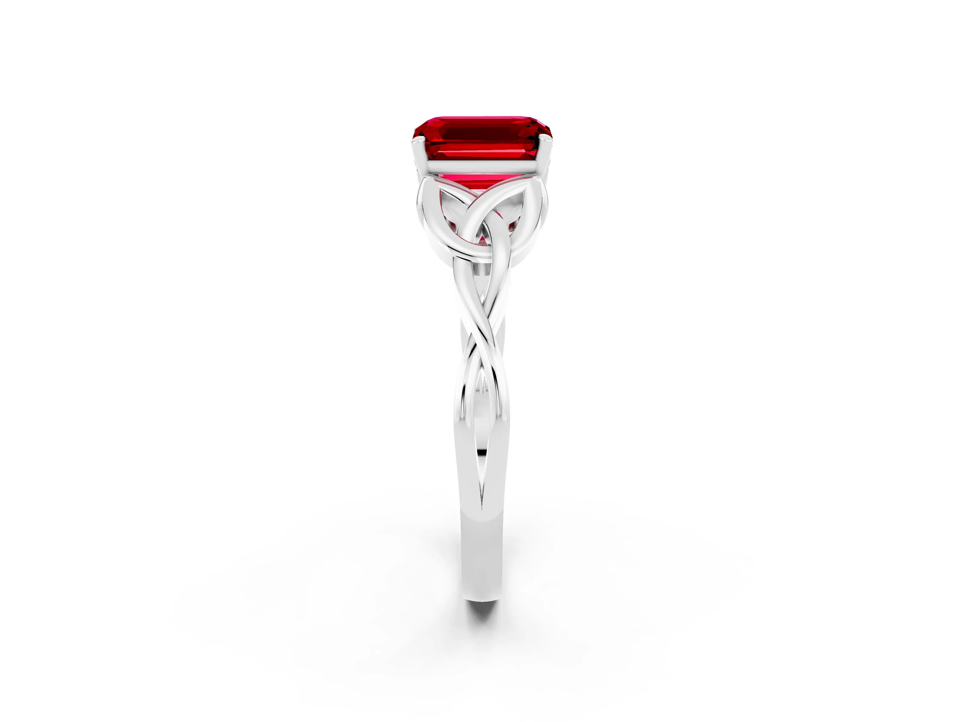 White gold Emerald Cut Ruby Solitaire Engagement Ring with Celtic Knot Band and Four-Prong Setting_2