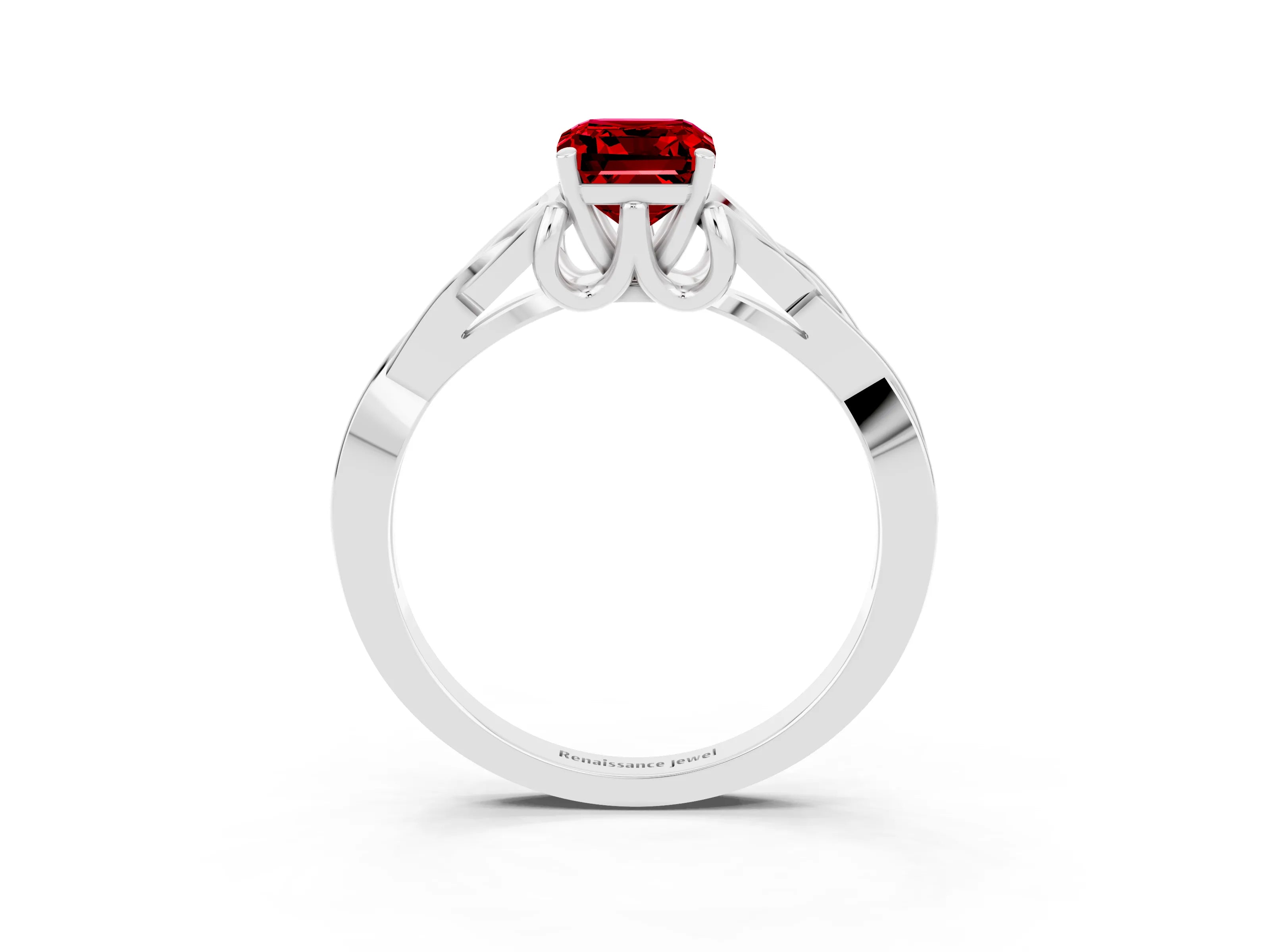White gold Emerald Cut Ruby Solitaire Engagement Ring with Celtic Knot Band and Four-Prong Setting_3