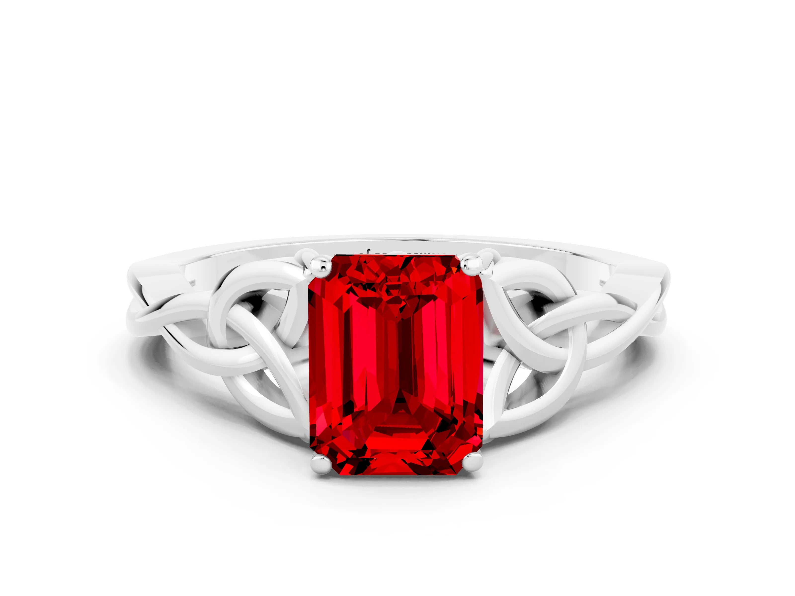 White gold Emerald Cut Ruby Solitaire Engagement Ring with Celtic Knot Band and Four-Prong Setting