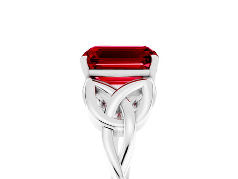 White gold Emerald Cut Ruby Solitaire Engagement Ring with Celtic Knot Band and Four-Prong Setting_5
