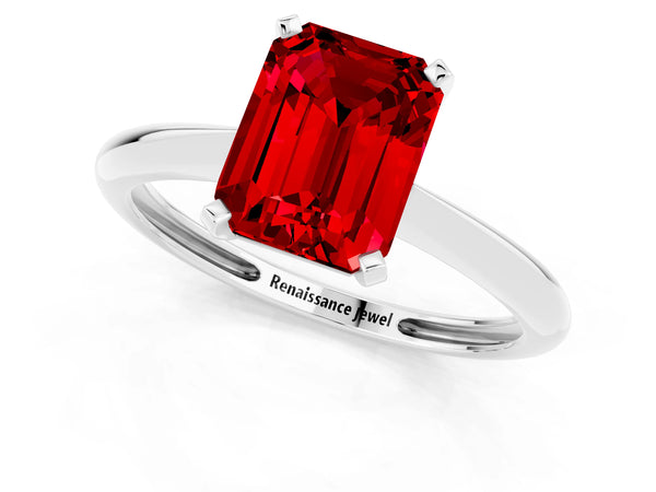 White gold Emerald Cut Ruby Solitaire Engagement Ring with Classic Band and Four-Prong Setting