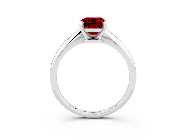 White gold Emerald Cut Ruby Solitaire Engagement Ring with Classic Band and Four-Prong Setting
