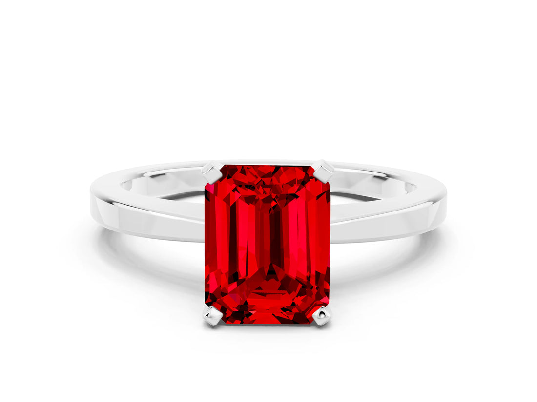 White gold Emerald Cut Ruby Solitaire Engagement Ring with Classic Band and Four-Prong Setting_24
