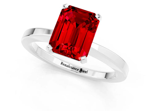 White gold Emerald Cut Ruby Solitaire Engagement Ring with Classic Band and Four-Prong Setting_25