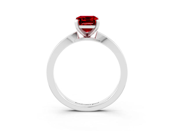 Platinum Emerald Cut Ruby Solitaire Engagement Ring with Classic Band and Four-Prong Setting
