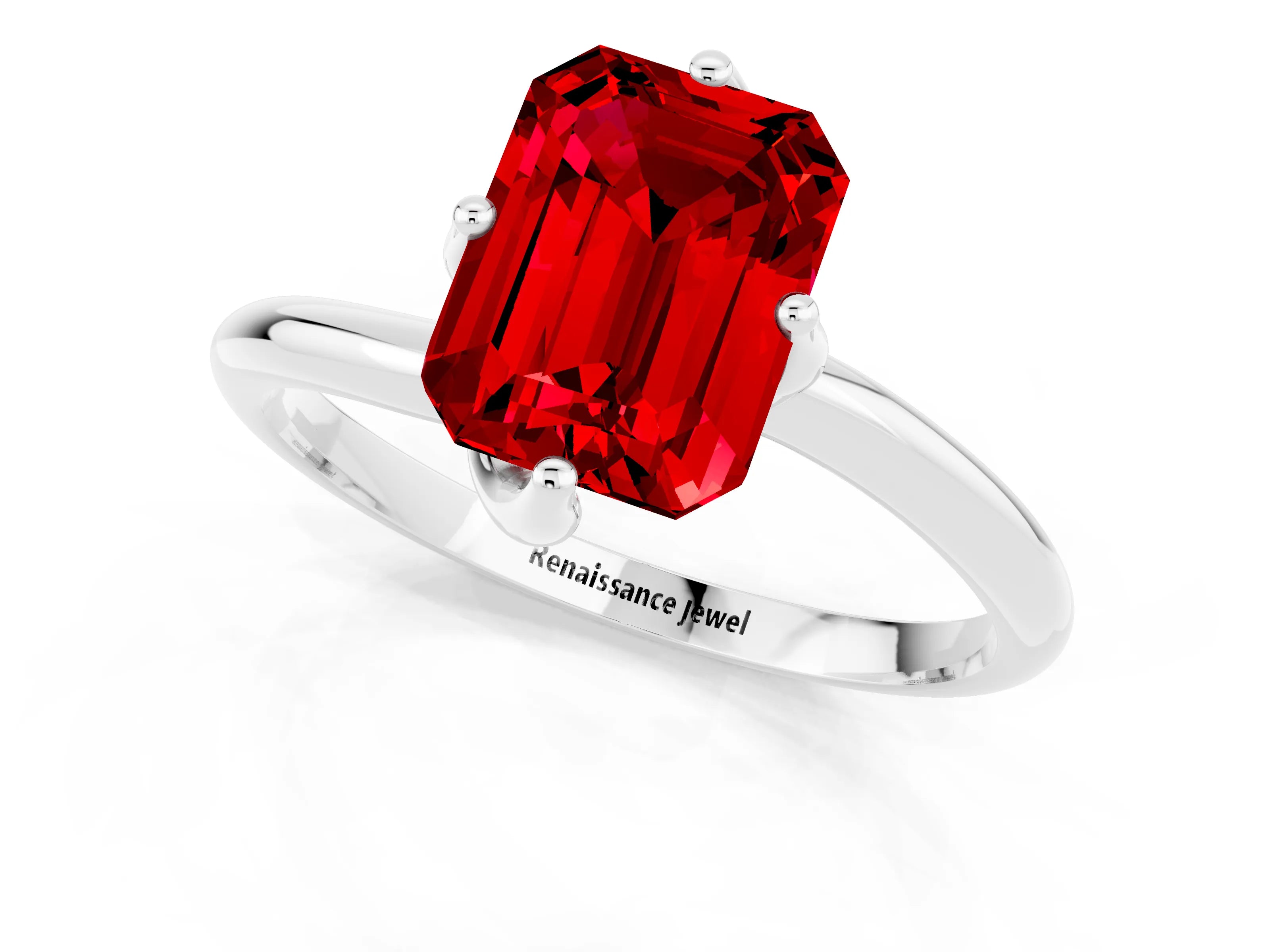 White gold Emerald Cut Ruby Solitaire Engagement Ring with Four-Prong Setting and Classic Band_13