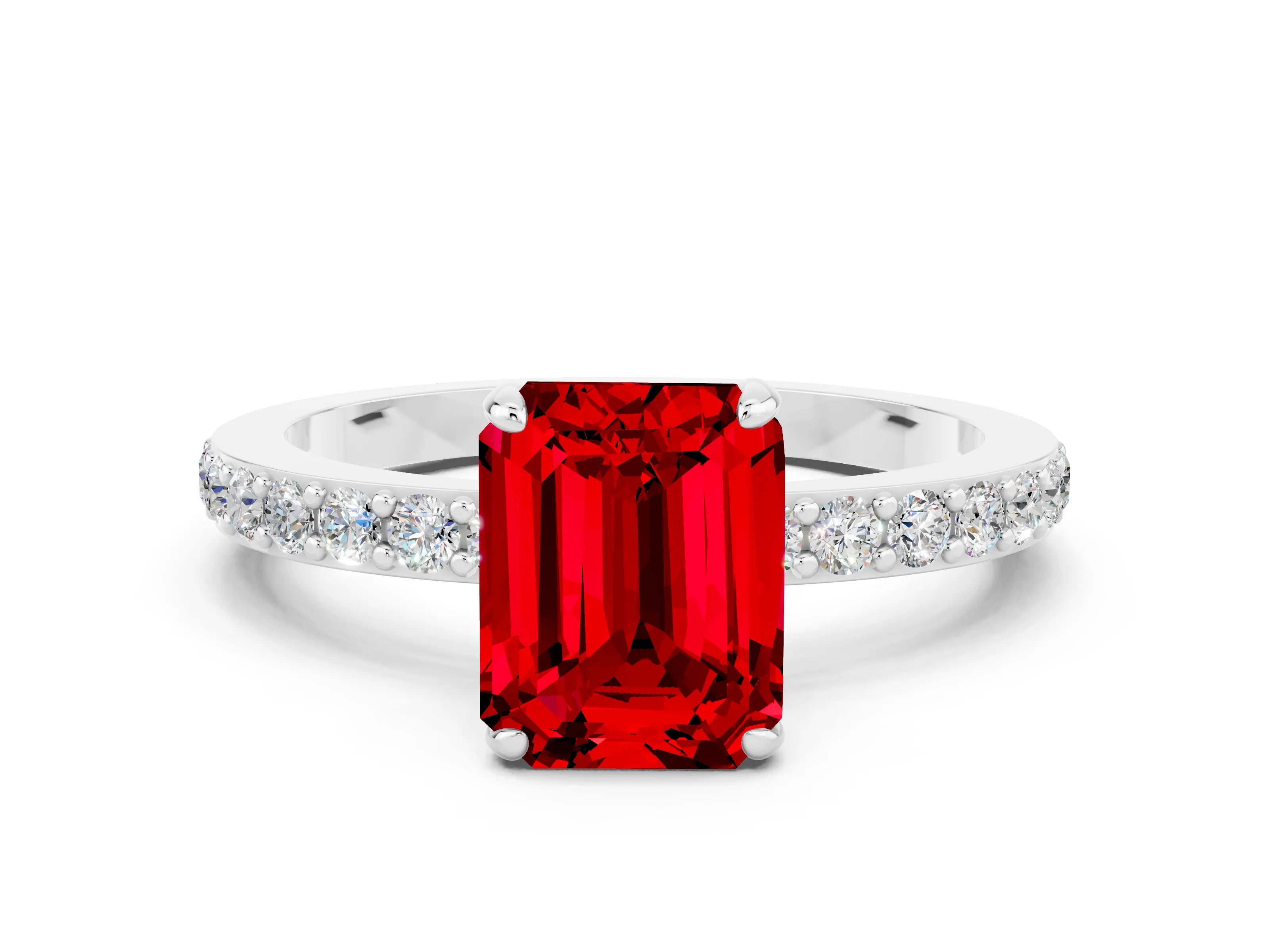 White gold Emerald Cut Ruby Solitaire Engagement Ring with Pavé Band and Four-Prong Setting
