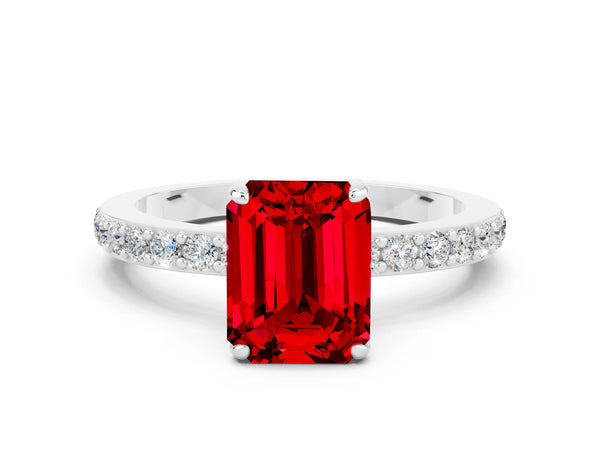Platinum Emerald Cut Ruby Solitaire Engagement Ring with Pavé Band and Four-Prong Setting