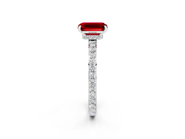 White gold Emerald Cut Ruby Solitaire Engagement Ring with Pavé Band and Four-Prong Setting