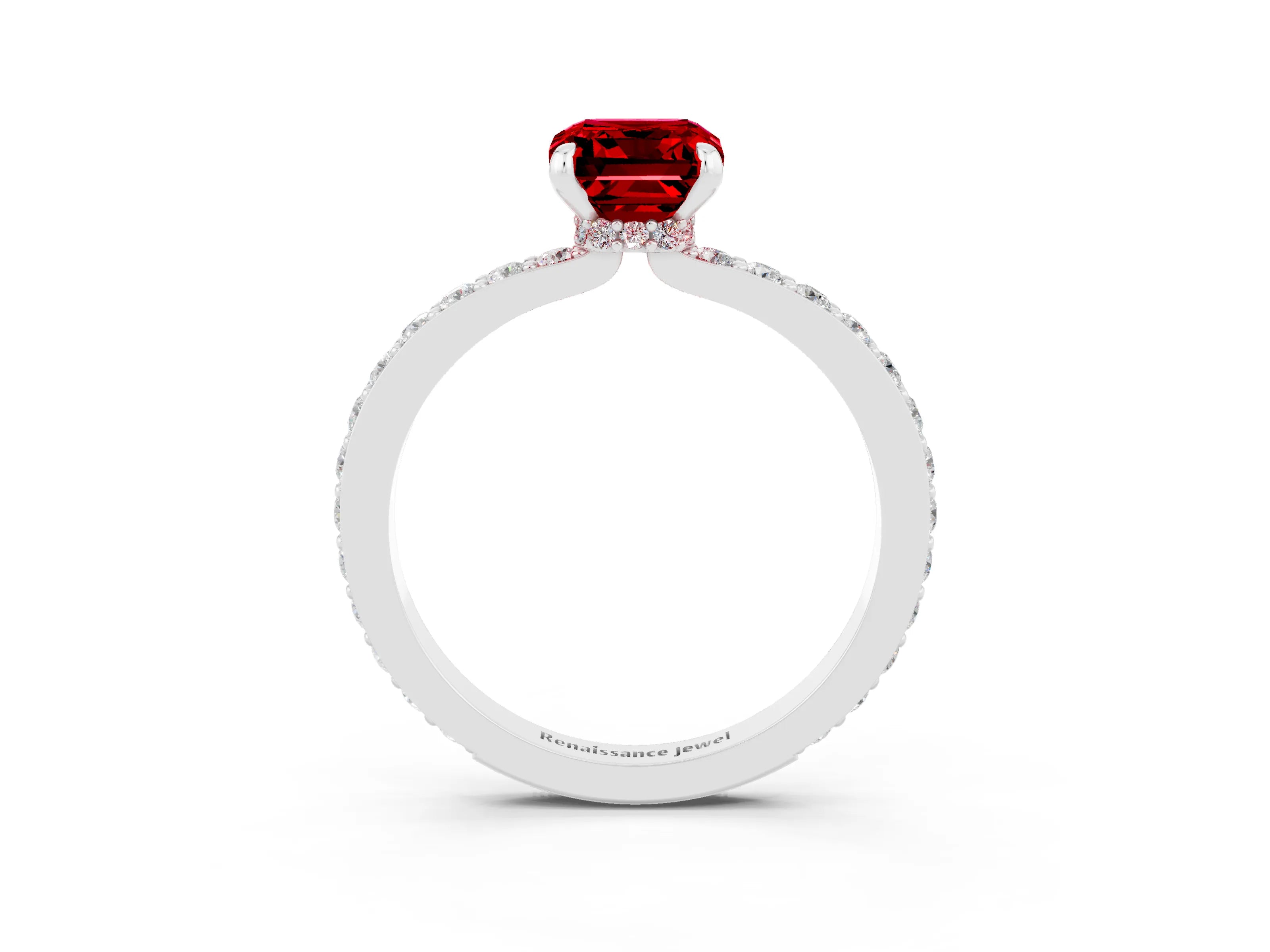 White gold Emerald Cut Ruby Solitaire Engagement Ring with Pavé Band and Four-Prong Setting_3