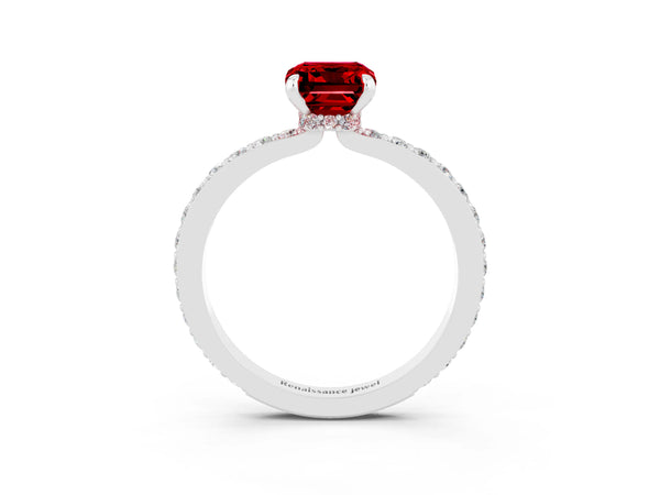 Silver Emerald Cut Ruby Solitaire Engagement Ring with Pavé Band and Four-Prong Setting