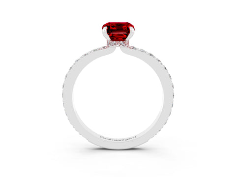 White gold Emerald Cut Ruby Solitaire Engagement Ring with Pavé Band and Four-Prong Setting_3