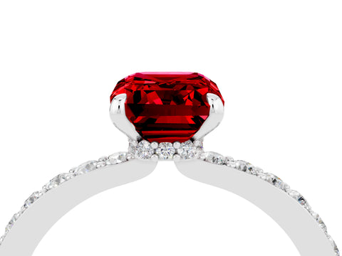 White gold Emerald Cut Ruby Solitaire Engagement Ring with Pavé Band and Four-Prong Setting_4