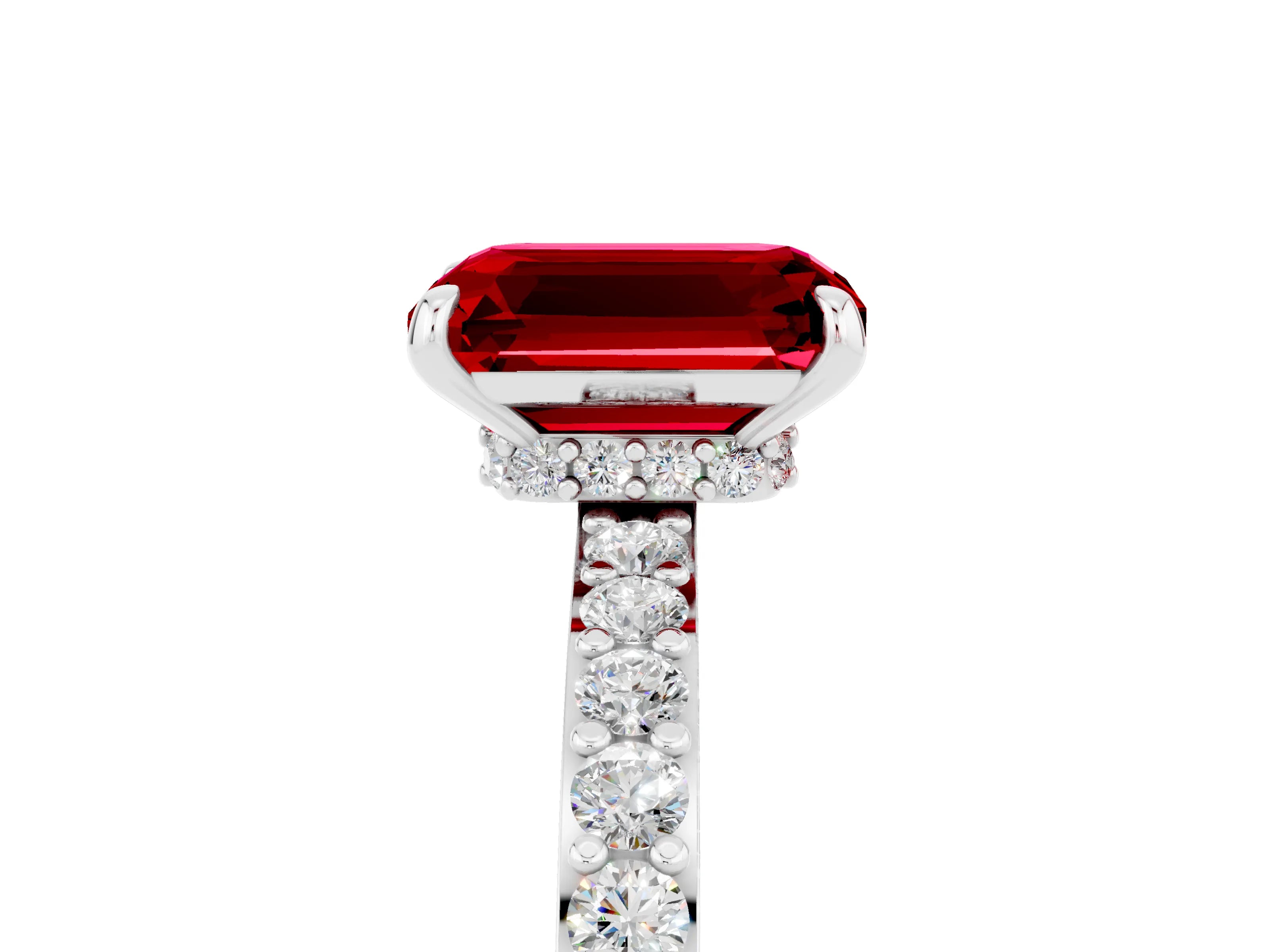 White gold Emerald Cut Ruby Solitaire Engagement Ring with Pavé Band and Four-Prong Setting_5