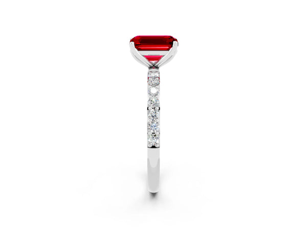 White gold Emerald Cut Ruby Solitaire Engagement Ring with Round  Pavé Band and Prong Setting
