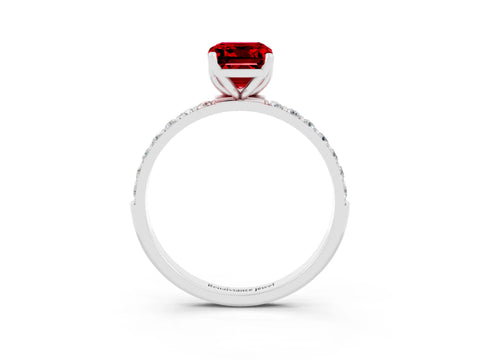 White gold Emerald Cut Ruby Solitaire Engagement Ring with Pavé Band and Prong Setting_3