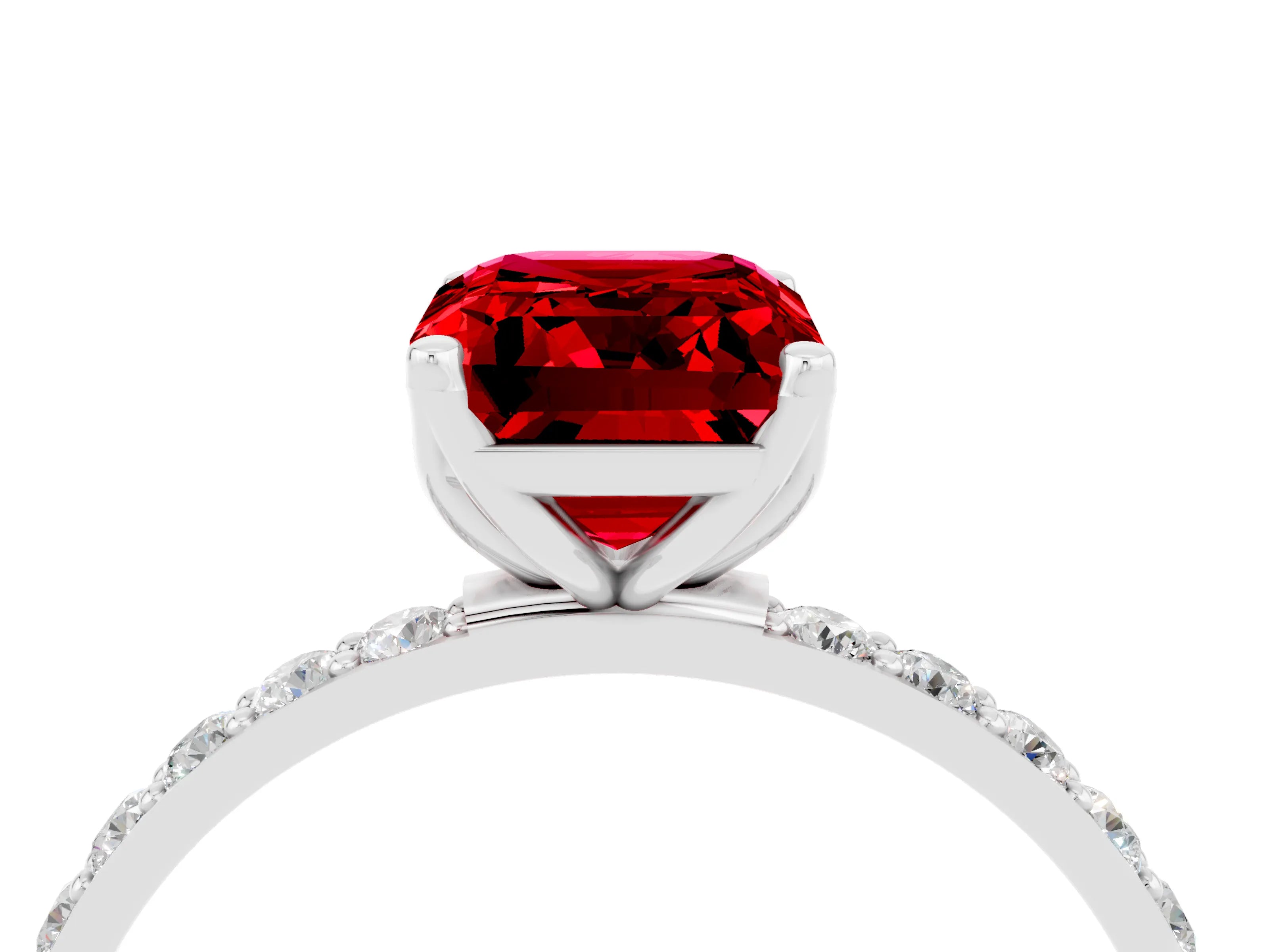 White gold Emerald Cut Ruby Solitaire Engagement Ring with Pavé Band and Prong Setting_4