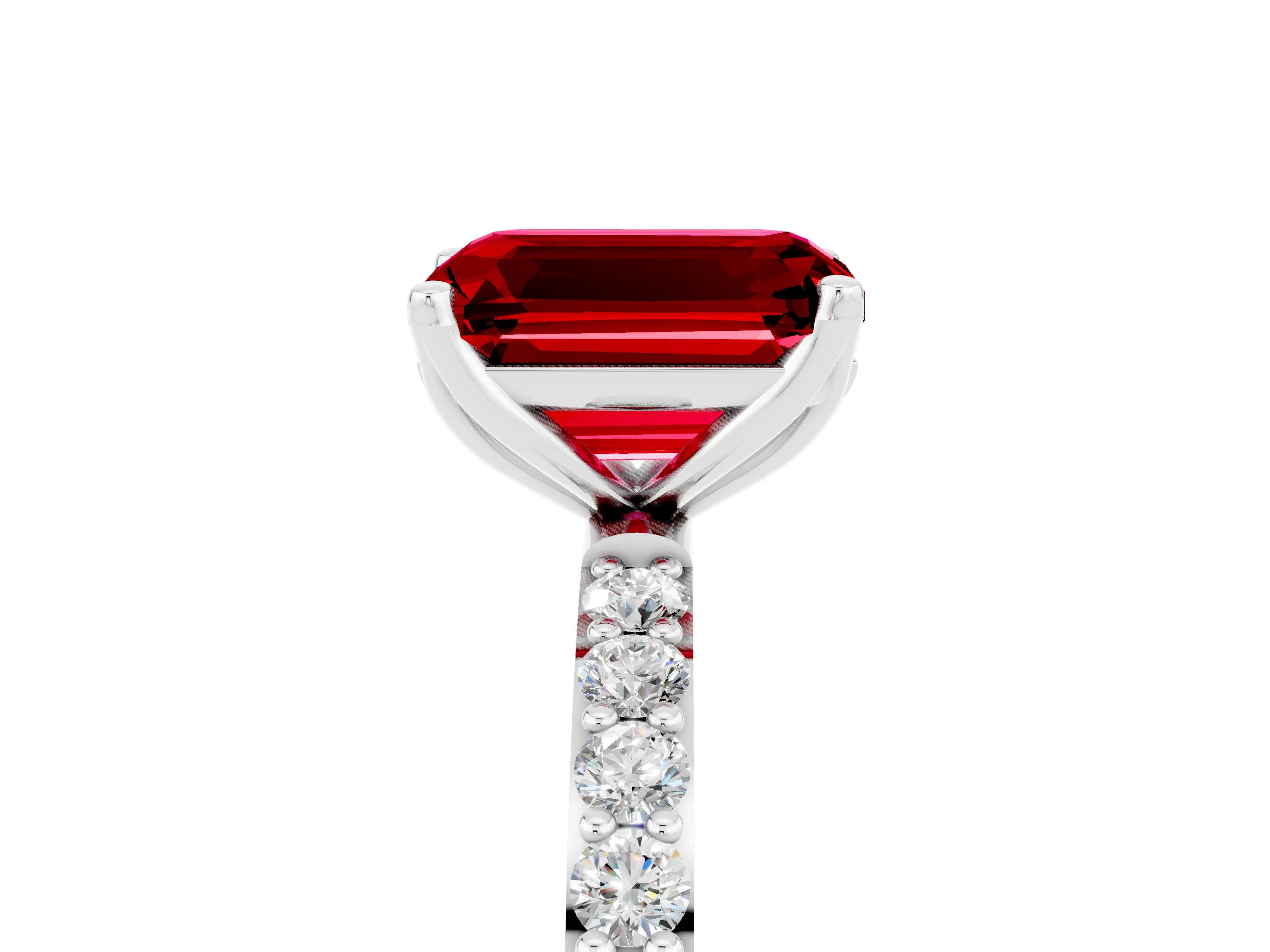 White gold Emerald Cut Ruby Solitaire Engagement Ring with Pavé Band and Prong Setting_5