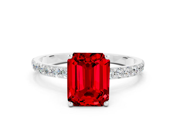 White gold Emerald Cut Ruby Solitaire Engagement Ring with Round  Pavé Band and Prong Setting