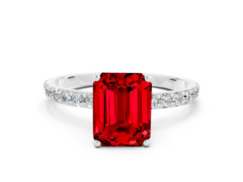White gold Emerald Cut Ruby Solitaire Engagement Ring with Pavé Band and Prong Setting