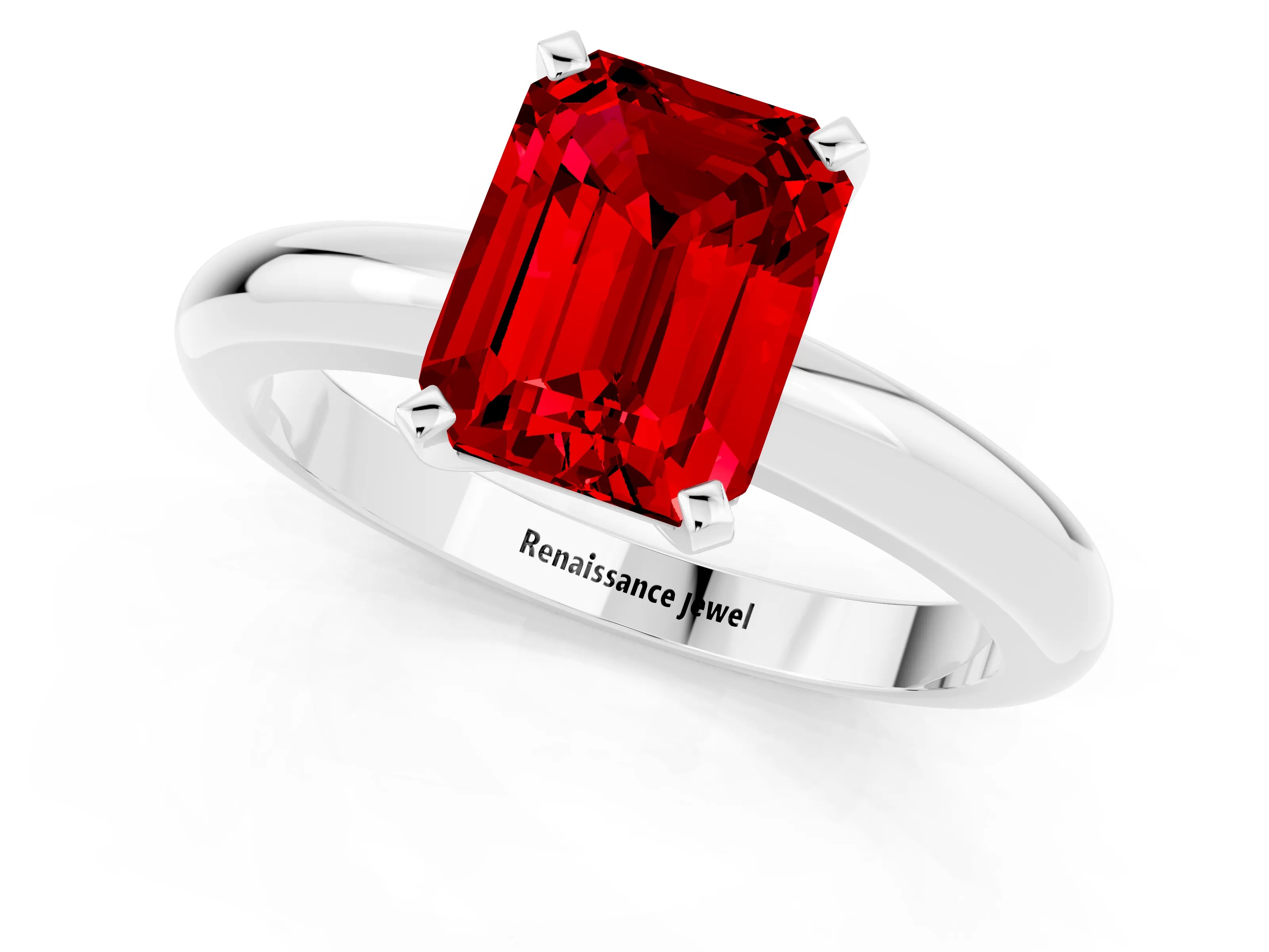 White gold Emerald Cut Ruby Solitaire Engagement Ring with Round Band and Four-Prong Setting_1