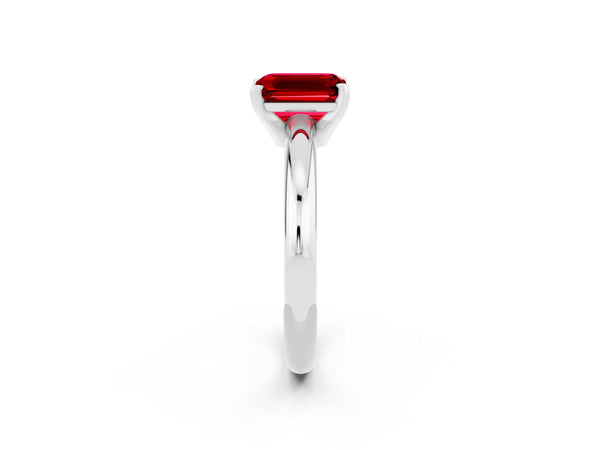 Silver Emerald Cut Ruby Solitaire Engagement Ring with Round Band and Four-Prong Setting