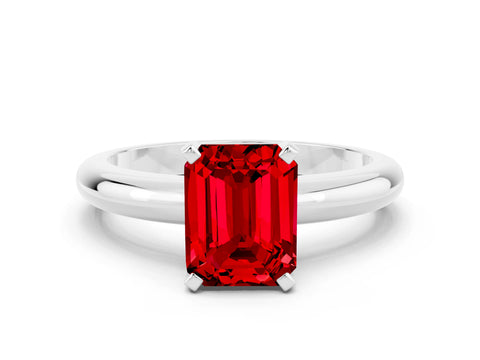 White gold Emerald Cut Ruby Solitaire Engagement Ring with Round Band and Four-Prong Setting