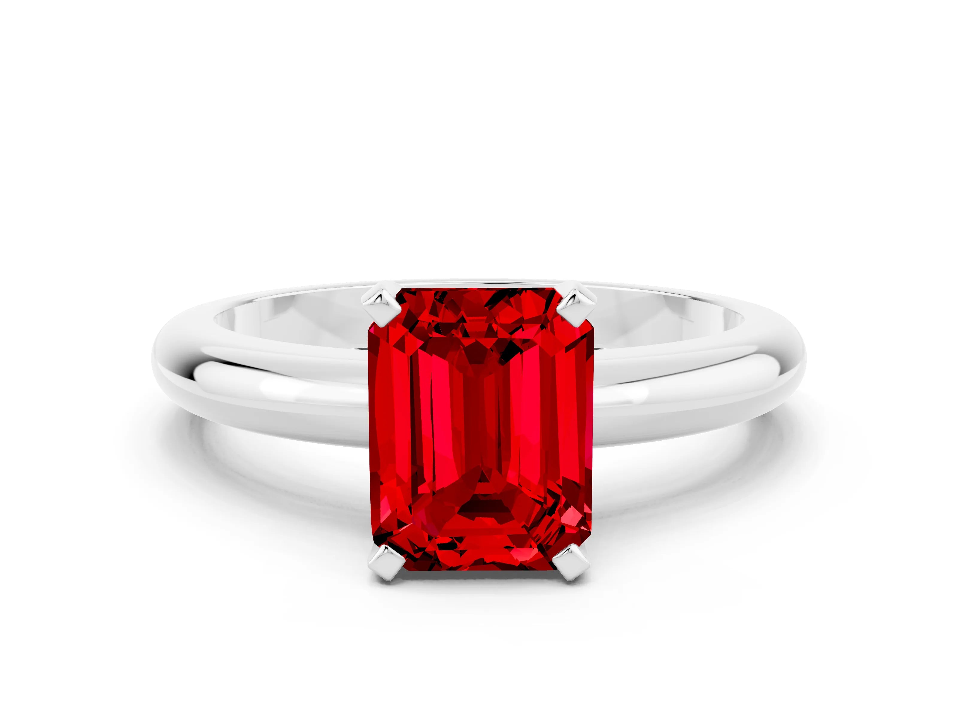 White gold Emerald Cut Ruby Solitaire Engagement Ring with Round Band and Four-Prong Setting