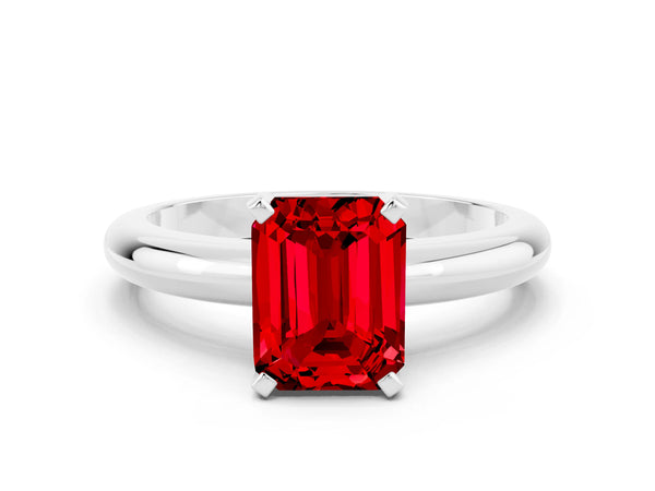 Silver Emerald Cut Ruby Solitaire Engagement Ring with Round Band and Four-Prong Setting