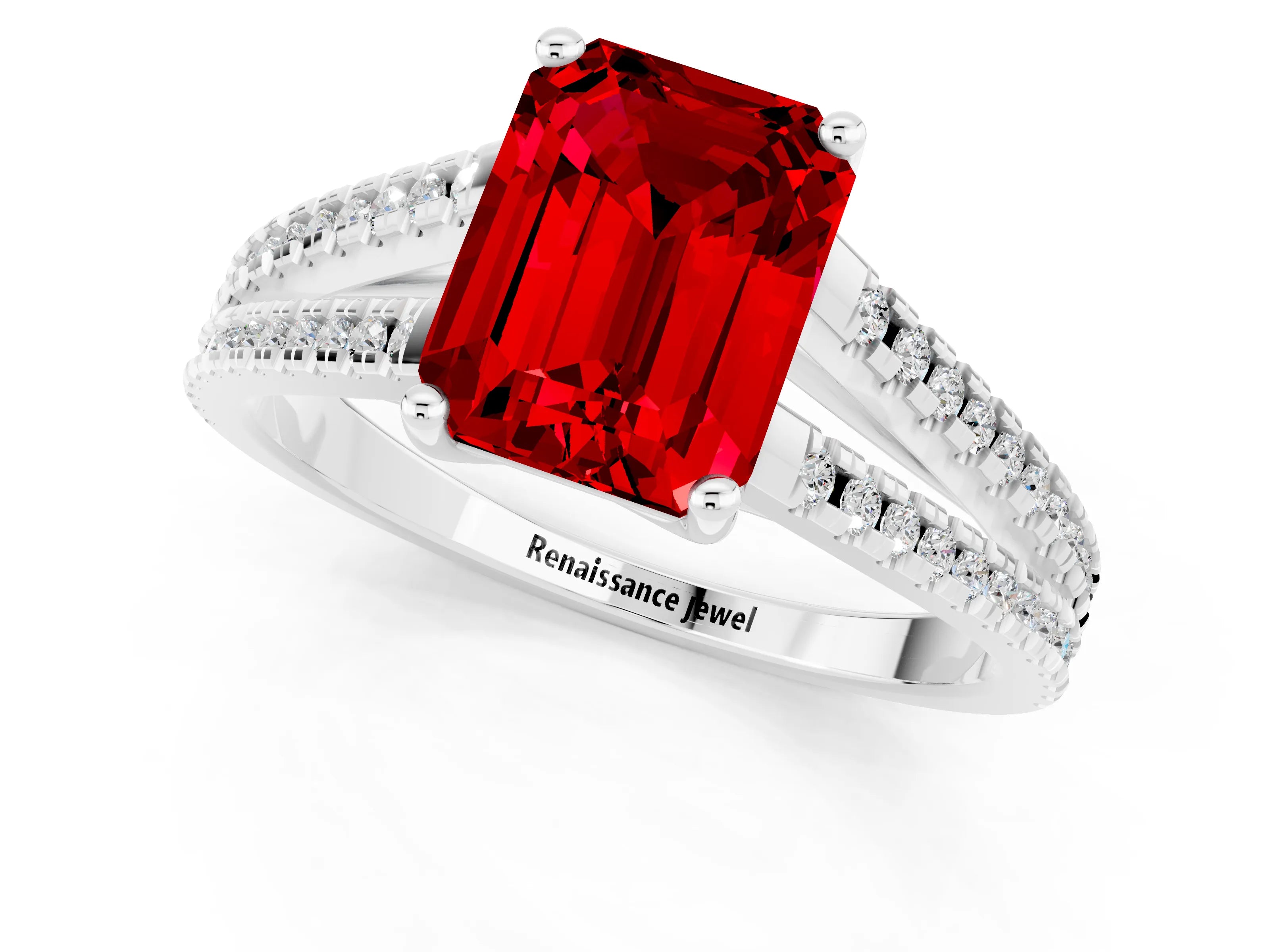 White gold Emerald Cut Ruby Solitaire Engagement Ring with Split Shank Pavé Band_1