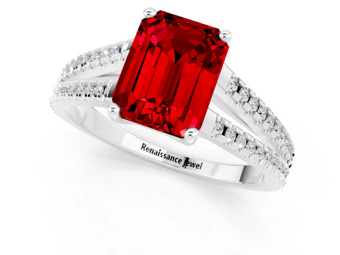 White gold Emerald Cut Ruby Solitaire Engagement Ring with Split Shank Pavé Band_1