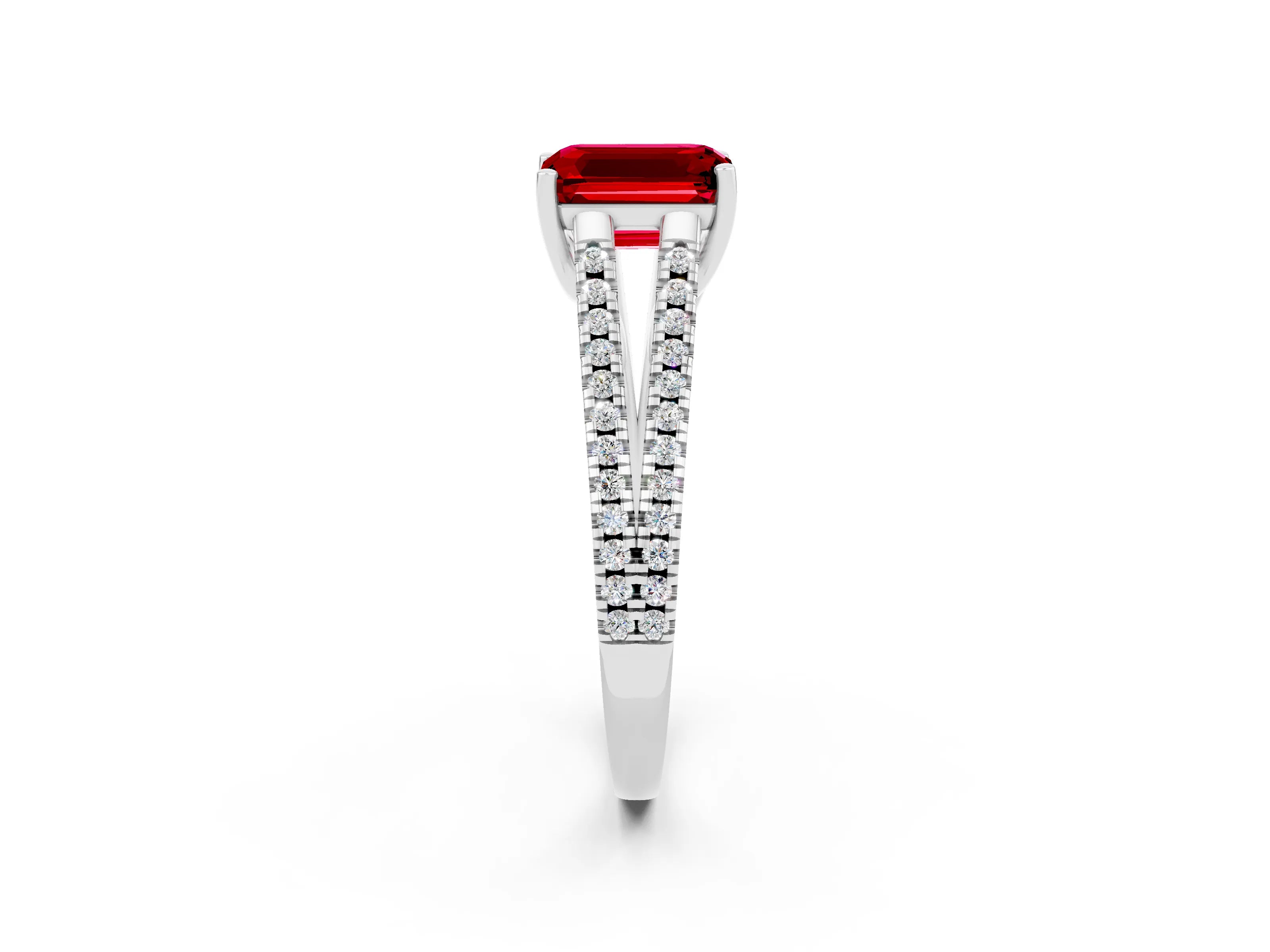 White gold Emerald Cut Ruby Solitaire Engagement Ring with Split Shank Pavé Band_2